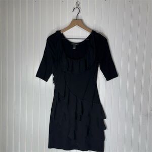 White House Black Market Tiered Ruffle Dress XS Black‎ 3/4 Sleeve Whimsygoth